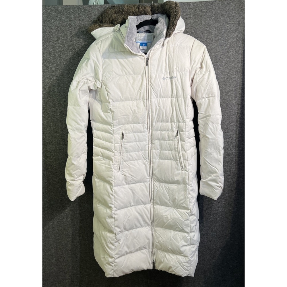 Columbia Long Winter Jacket w Hood Stone White, slimming waist draw, midweight